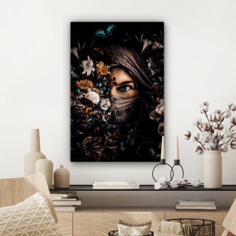 Leinwandbild - Frau - Kopftuch - Blumen - Schmetterlinge-3