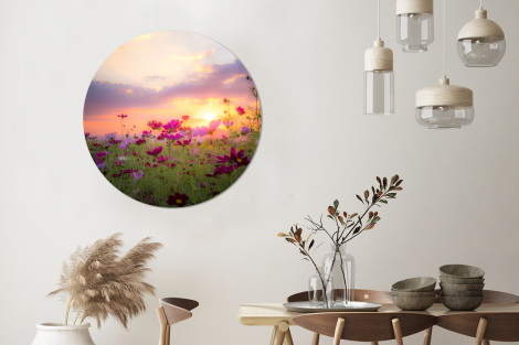 Runde Bilder - Sonnenuntergang - Blumen - Rosa - Natur - Grün-3