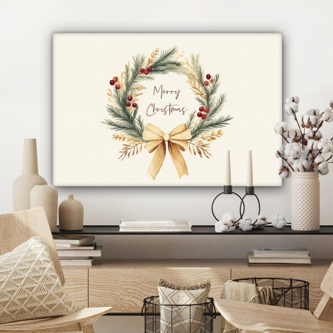 Tableau sur toile - Couronne de Noël - Noël - Or - Beige-3