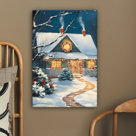 Canvas schilderij - Kerst - Kerstboom - Winter - Huis - Sneeuw-2