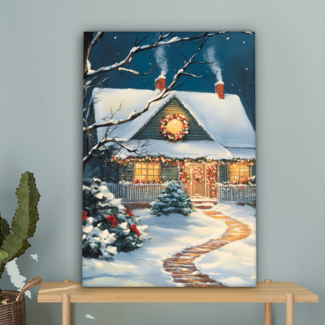 Canvas schilderij - Kerst - Kerstboom - Winter - Huis - Sneeuw-4