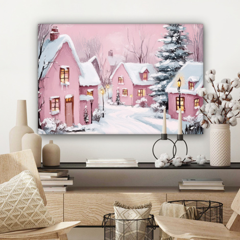 Canvas schilderij - Kerstdorp - Roze - Winter - Sneeuw - Huizen-3