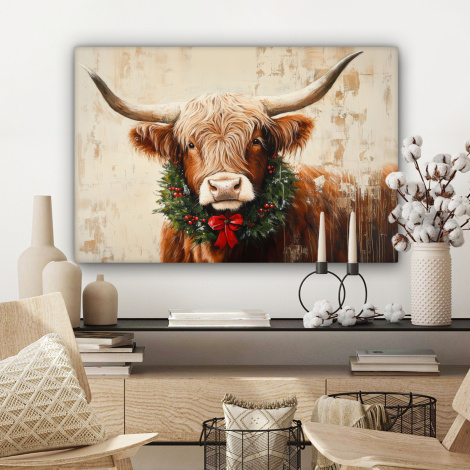 Canvas schilderij - Kerst - Schotse Hooglander - Bruin - Krans-3