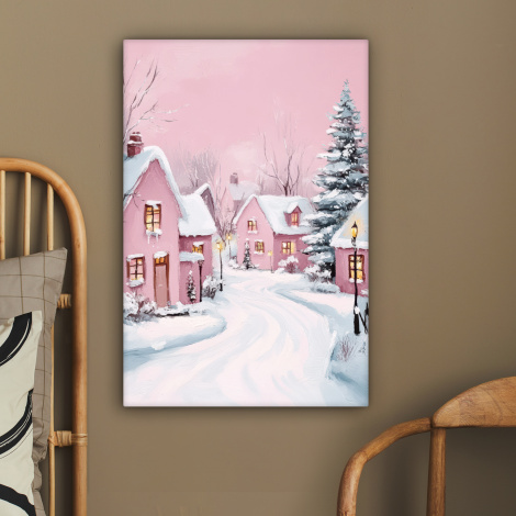 Canvas schilderij - Kerstdorp - Roze - Winter - Sneeuw - Huizen-2