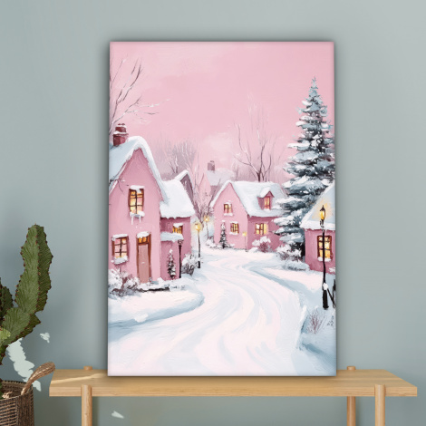 Canvas schilderij - Kerstdorp - Roze - Winter - Sneeuw - Huizen-4