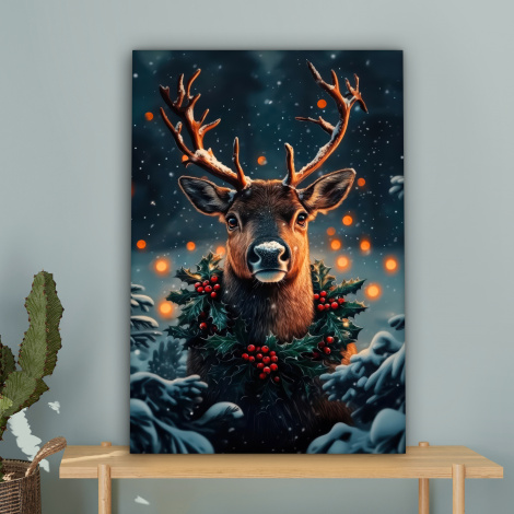 Leinwandbild - Hirsch - Weihnachten - Winter - Schnee - Weihnachtskranz-4