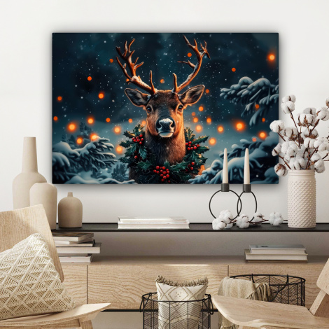 Leinwandbild - Hirsch - Weihnachten - Winter - Schnee - Weihnachtskranz-3