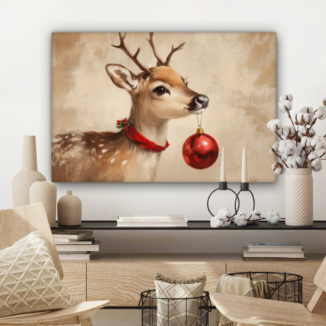 Canvas schilderij - Kerst - Hert - Gewei - Kerstbal - Rendier-3