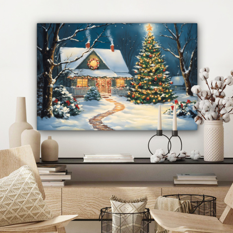Canvas schilderij - Kerst - Kerstboom - Winter - Huis - Sneeuw-3