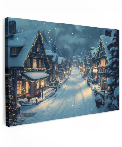 Toile Murale « Winter Wonderland » – Village Enneigé Sous Pleine Lune – 150 X 70 Cm – Décoration Noël Style Nordique – Sans Cadre