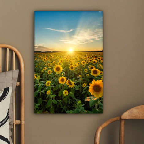 Canvas schilderij - Zonsondergang - Bloemen - Zonnebloem - Horizon - Landschap-2