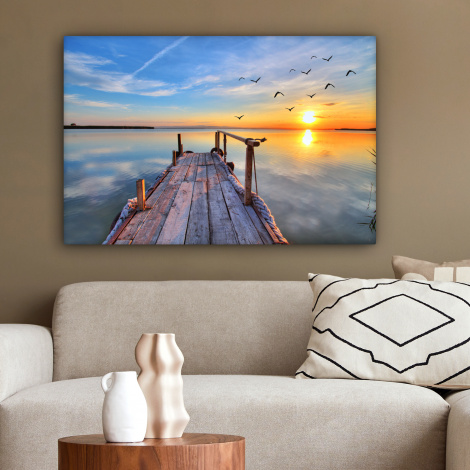 Canvas schilderij - Meer - Stijger - Vogels - Zonsondergang-2