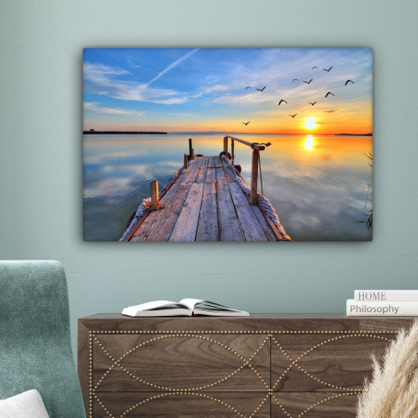 Canvas schilderij - Meer - Stijger - Vogels - Zonsondergang-4