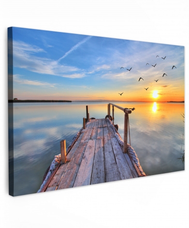 Canvas schilderij - Meer - Stijger - Vogels - Zonsondergang
