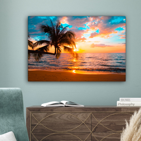 Canvas schilderij - Palm - Zonsondergang - Horizon - Strand - Zee-4