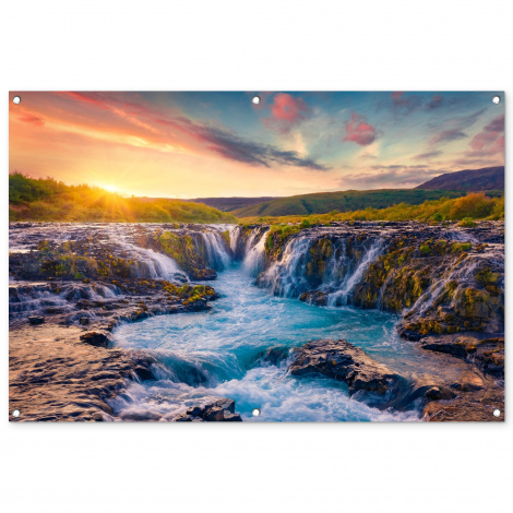 Outdoor Poster - Wasserfall - Pflanzen - Moos - Landschaft - Sonnenuntergang - Fels - Horizontal
