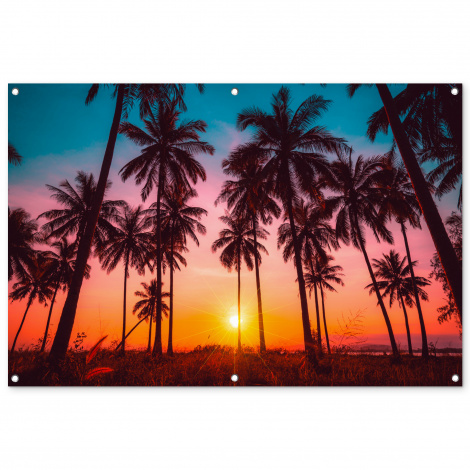 Tuinposter - Palmboom - Zonsondergang - Horizon - Strand - Oranje - Roze - Liggend