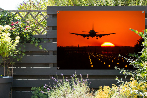 Tuinposter - Zonsondergang - Vliegtuig - Oranje - Zon - Liggend-2