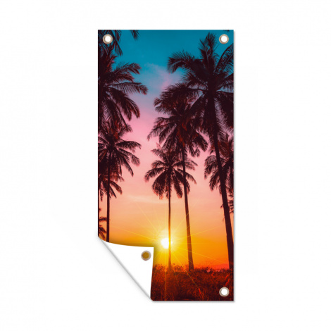 Outdoor Poster - Palme - Sonnenuntergang - Horizont - Strand - Orange - Rosa - Vertikal-1