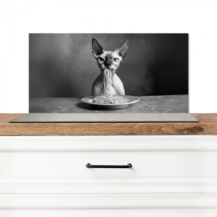 Sphynx - Kat - Dieren - Humor - Spaghetti - Zwart Wit Spatscherm Aluminium klein -3d_zonderpan