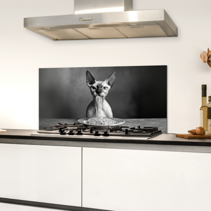 Sphynx - Kat - Dieren - Humor - Spaghetti - Zwart Wit Spatscherm Aluminium klein -sfeer4