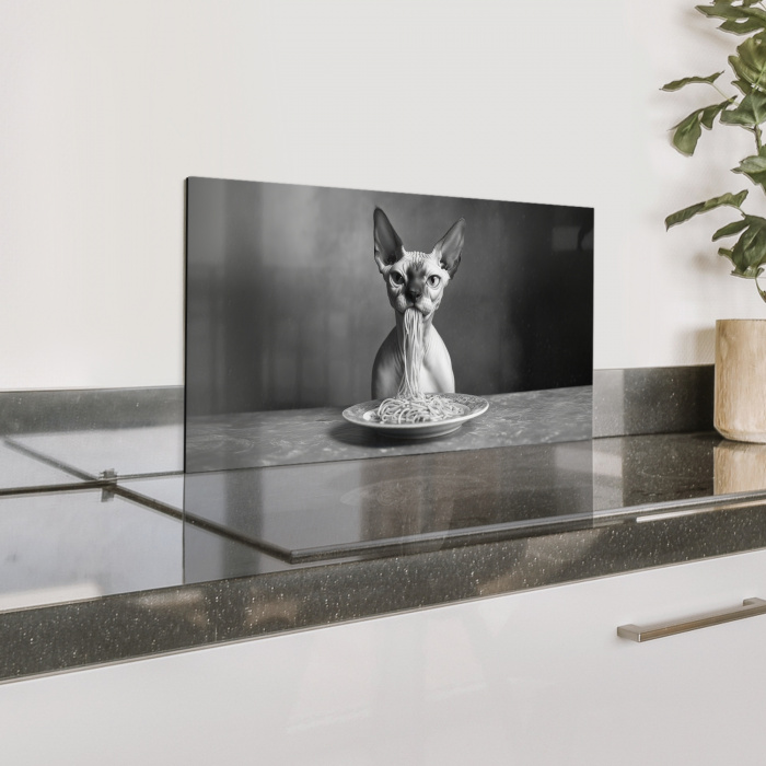Sphynx - Kat - Dieren - Humor - Spaghetti - Zwart Wit Spatscherm Aluminium klein -zzproduct_nieuw