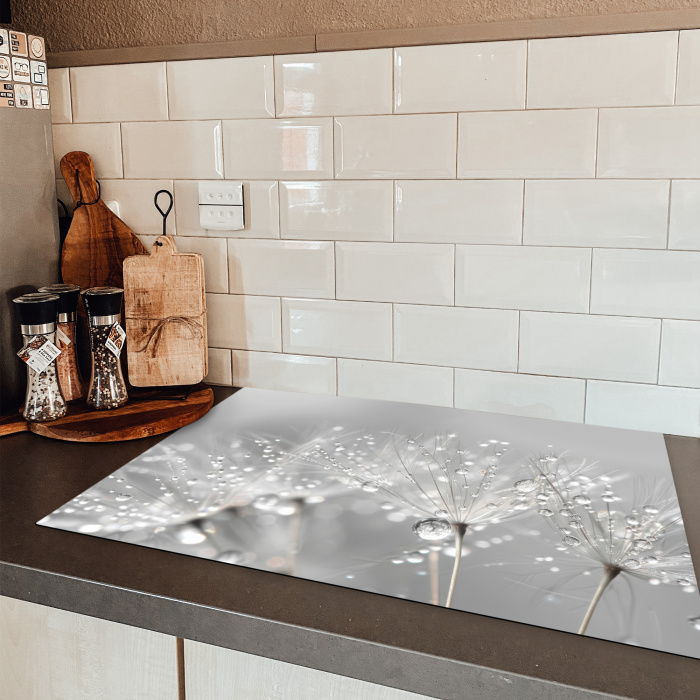 Paardenbloem - Waterdruppels - Stilleven - Modern Inductie beschermer vinyl 3mm klein -sfeer3