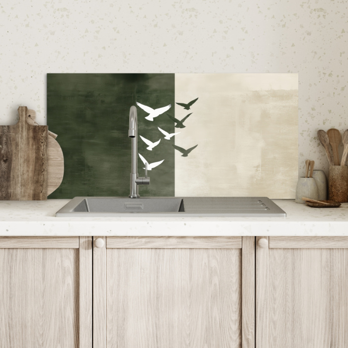 Japandi - Vogel - Groen Spatscherm Aluminium klein -sfeer2