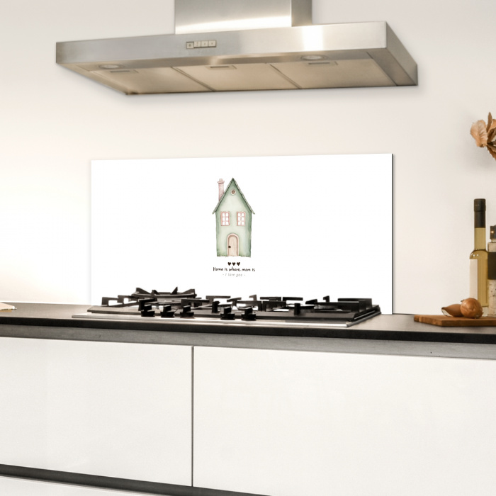 Huisje - Groen - Tekst - Liefdevol Spatscherm Aluminium klein -sfeer4