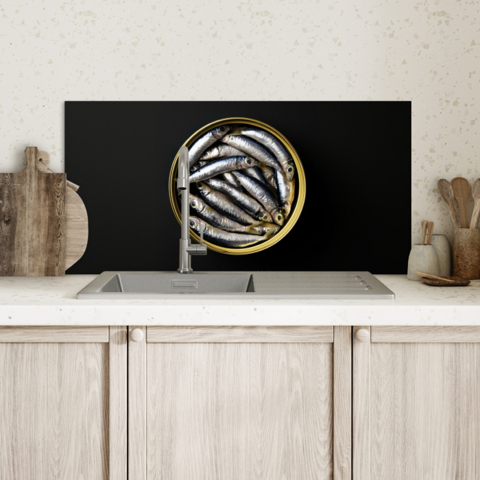 Sardines - Vissen - Rond - Zwart Spatscherm Aluminium klein -sfeer2