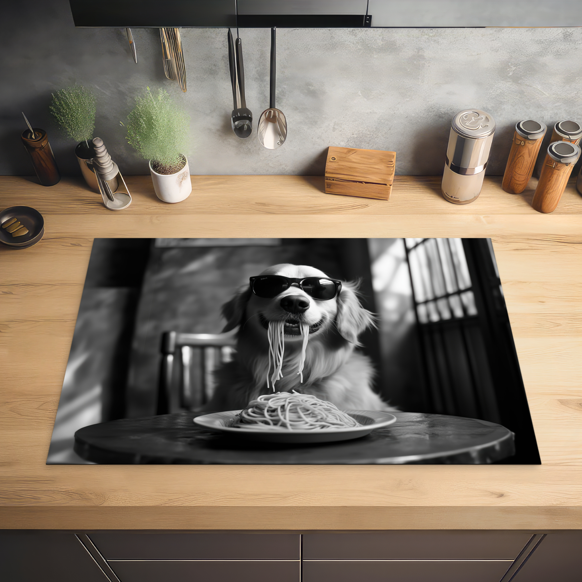 Inductiebeschermer - Golden Retriever - Hond - Vrolijk -  Bord spaghetti - Zwart - wit-2