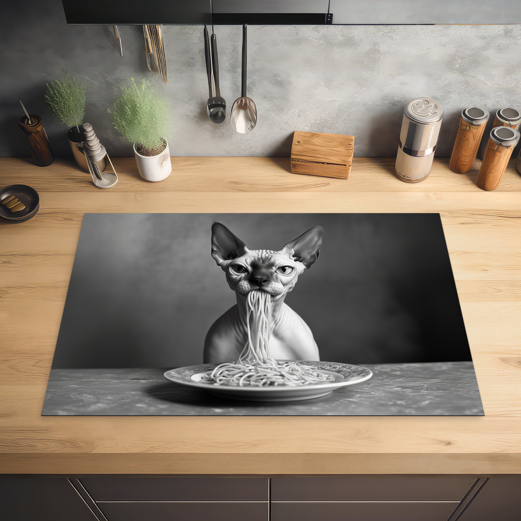 Inductiebeschermer - Sphynx - Kat - Dieren - Humor - Spaghetti - Zwart Wit-2