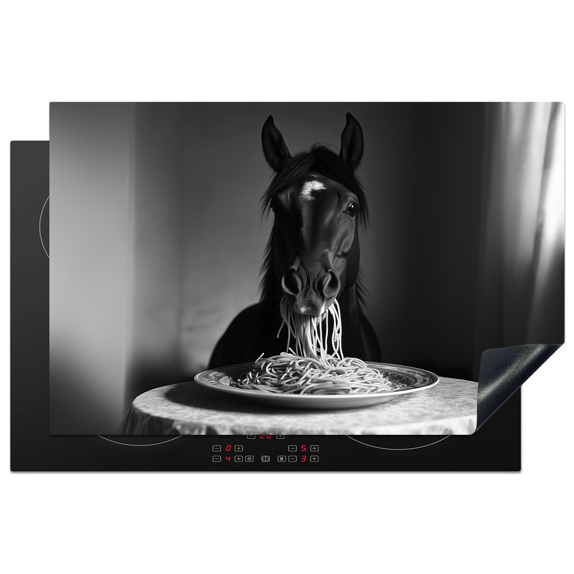 Inductiebeschermer - Paard - Bord - Pasta - Tafelkleed - Zwart Wit - Dieren