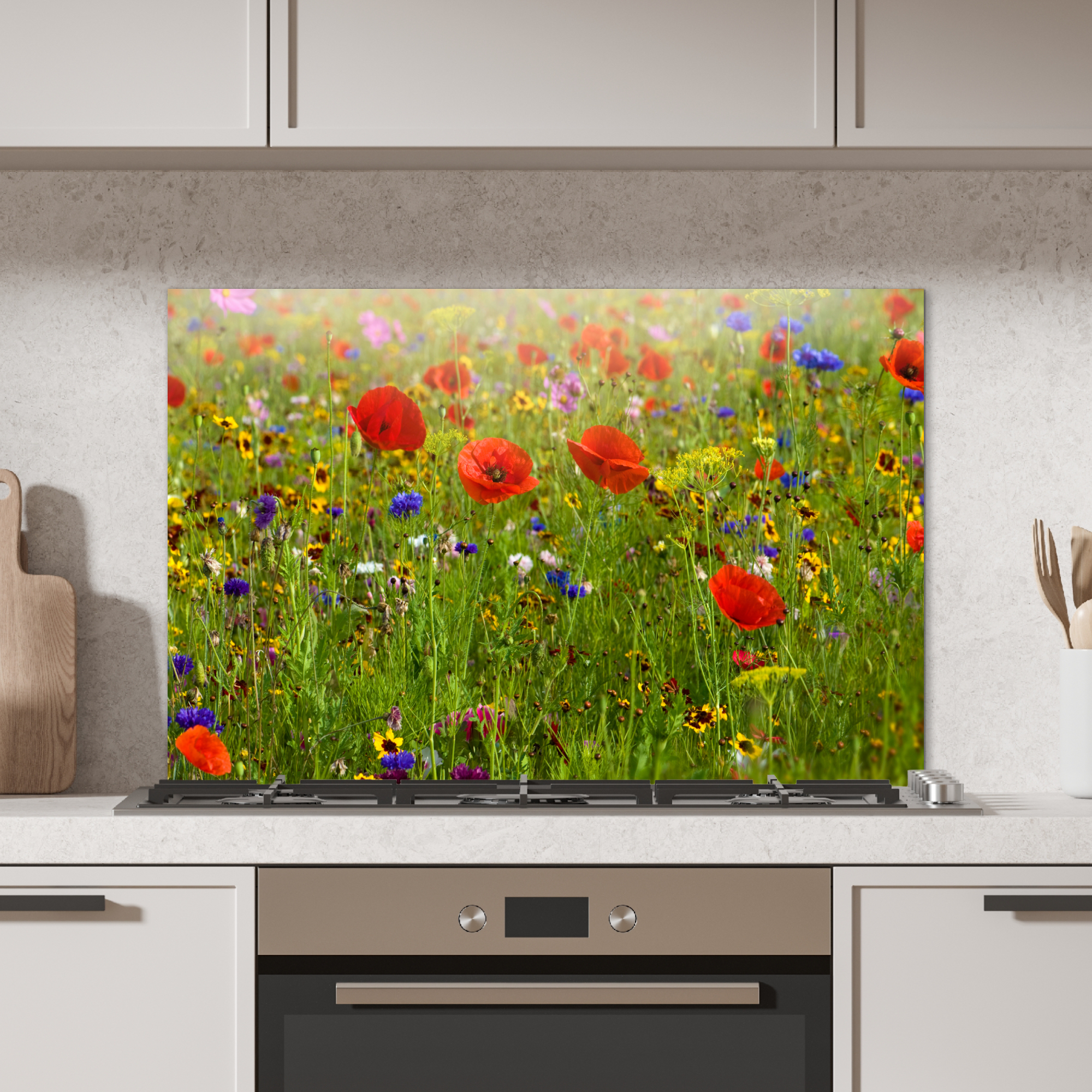 Spatscherm keuken - Lente - Bloemen - Rood - Klaproos - Gras - Groen-2