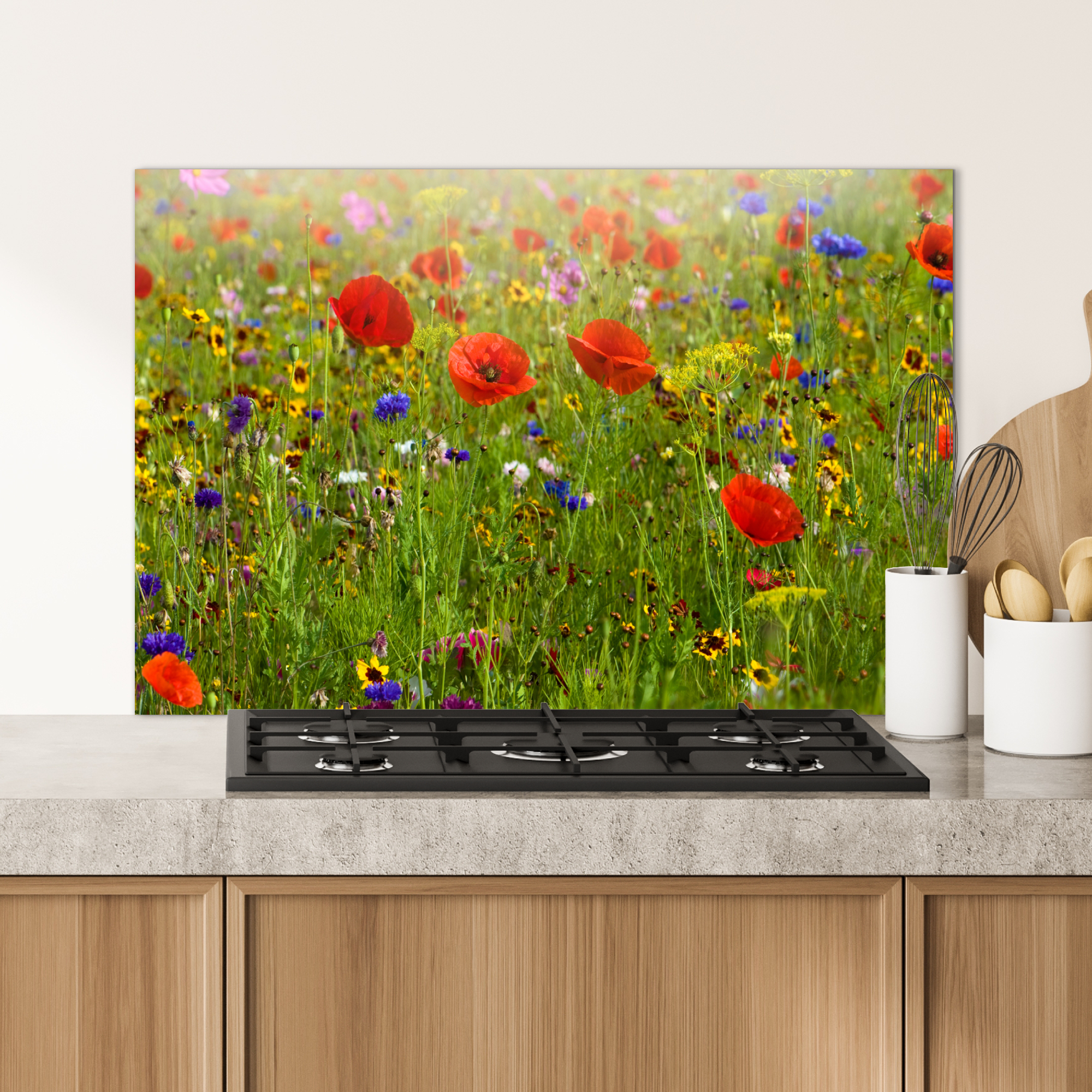 Spatscherm keuken - Lente - Bloemen - Rood - Klaproos - Gras - Groen-4