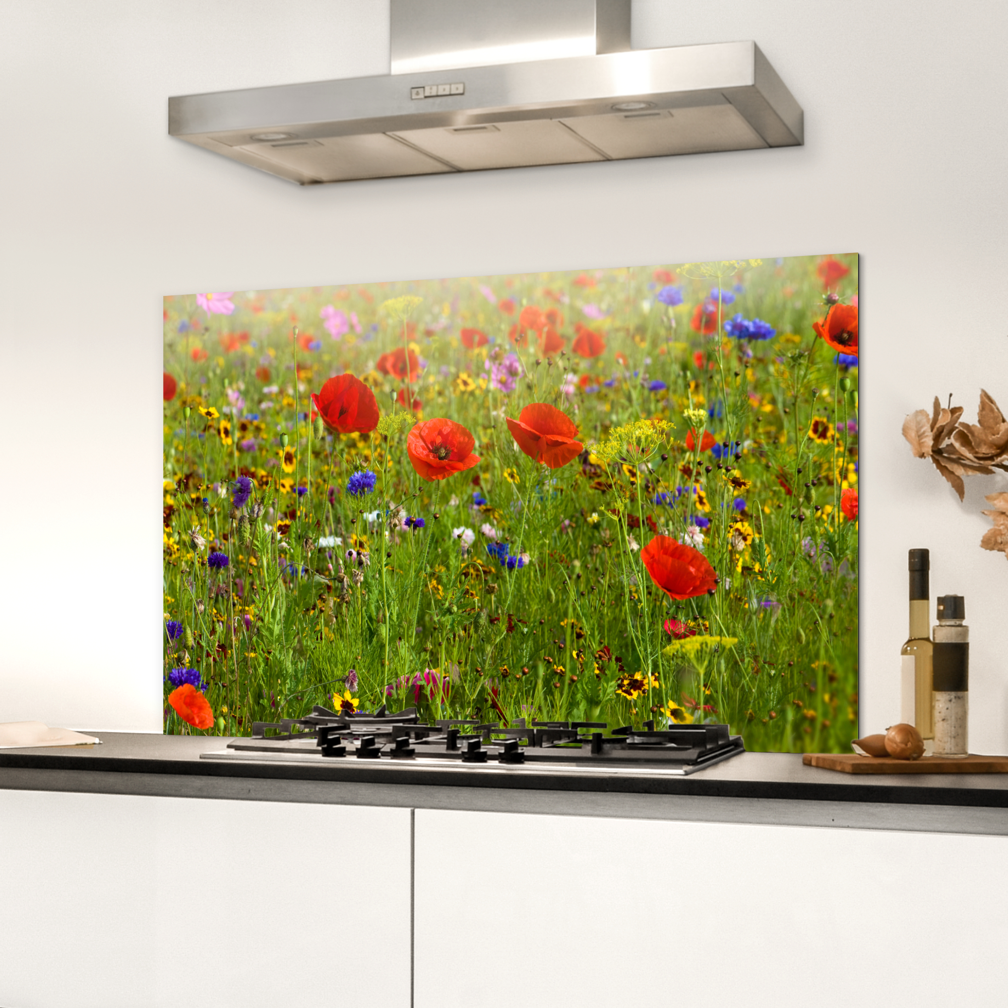 Spatscherm keuken - Lente - Bloemen - Rood - Klaproos - Gras - Groen-3