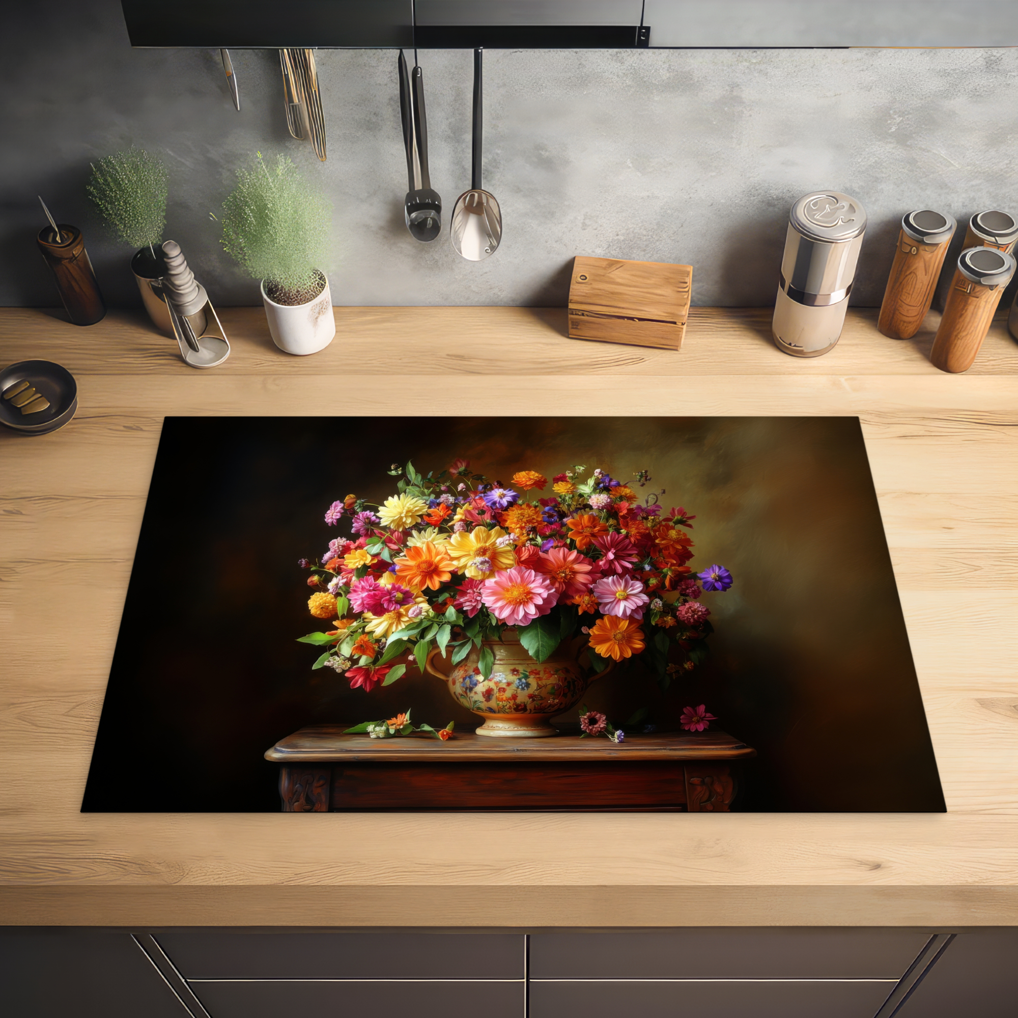 Inductiebeschermer - Kleuren - Boeket - Vaas - Hout-2