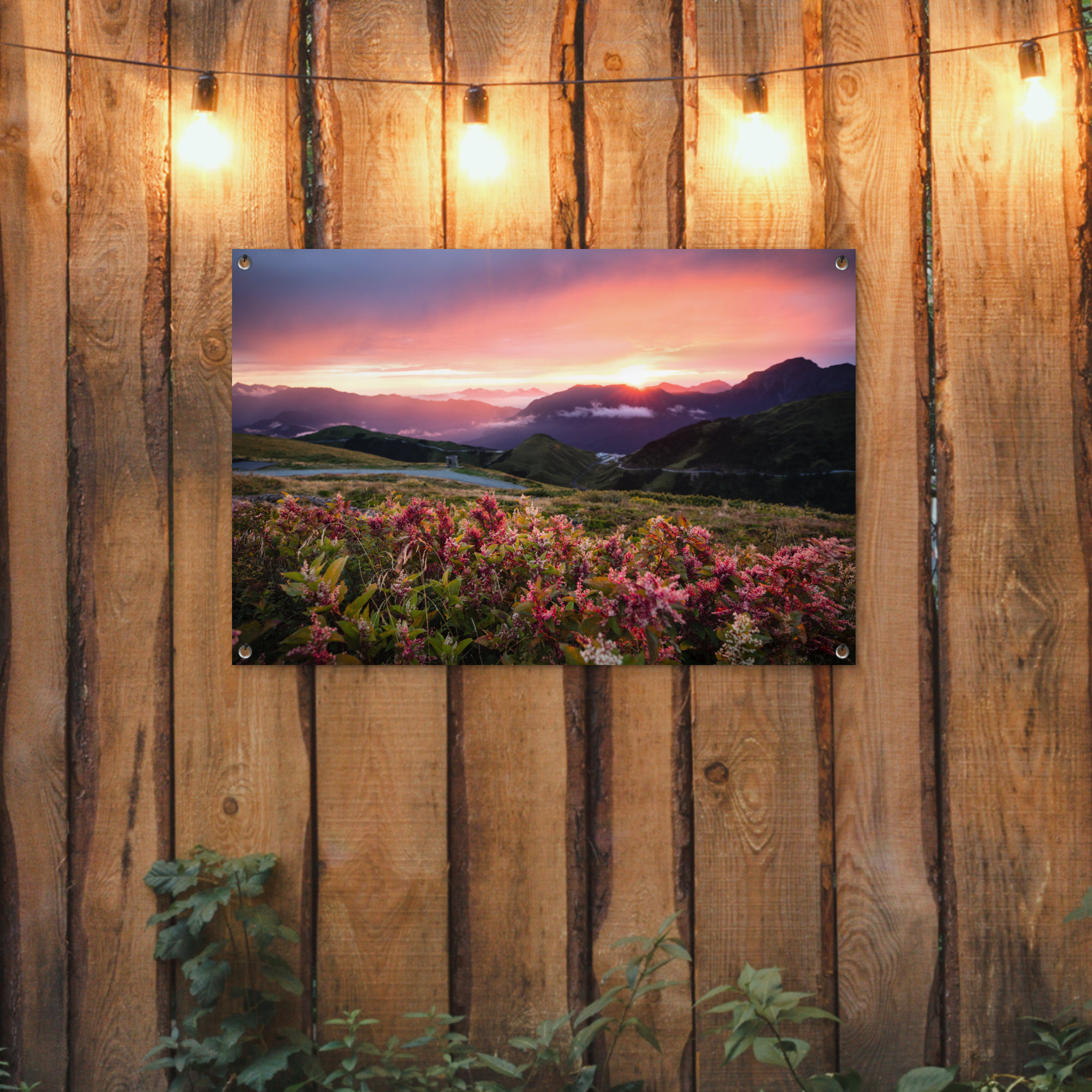 Outdoor Poster - Blumen - Berge - Landschaft - Nacht - Himmel - Rosa - Vertikal-2