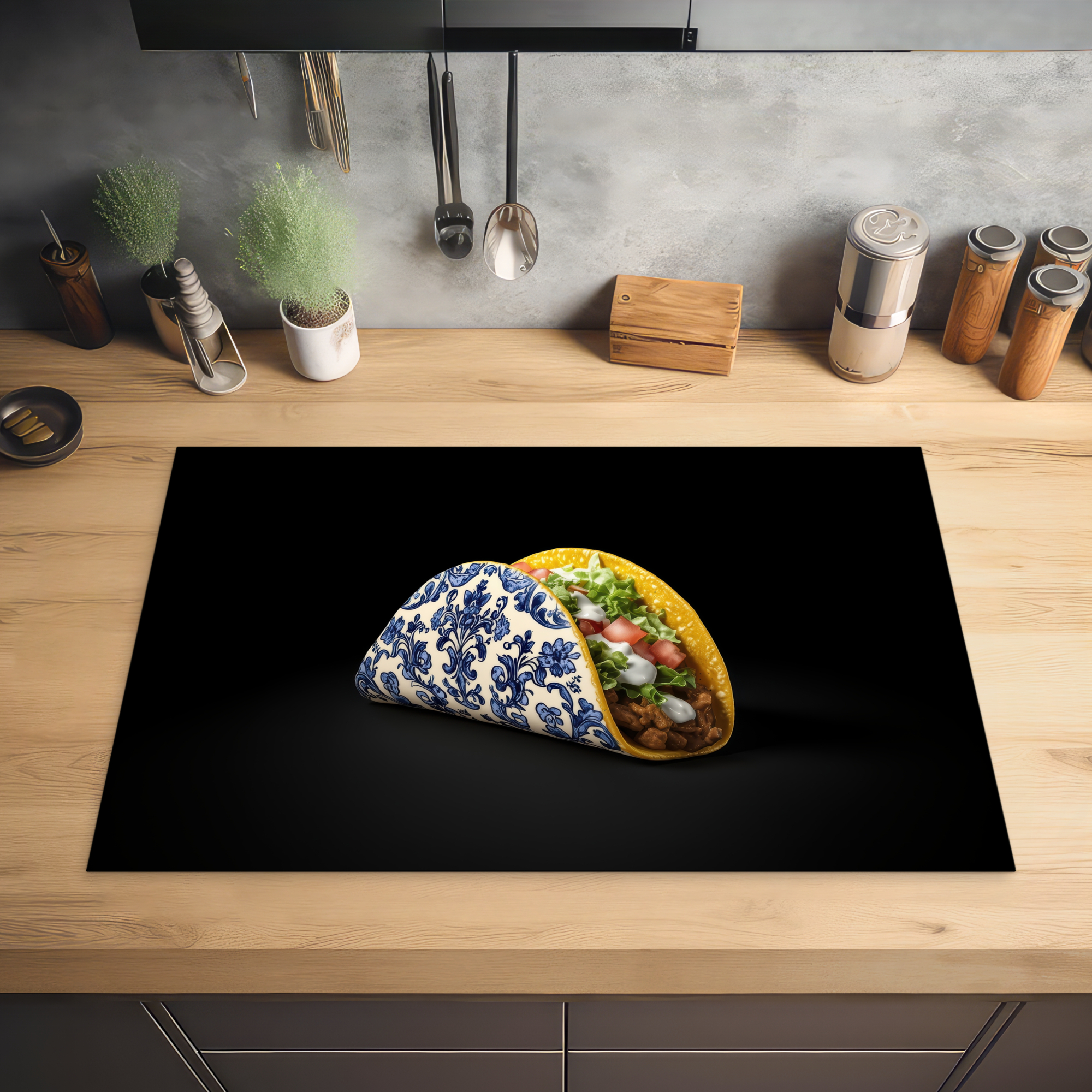 Inductiebeschermer - Taco - Vlees - Salade - Delftsblauw - Motief-2