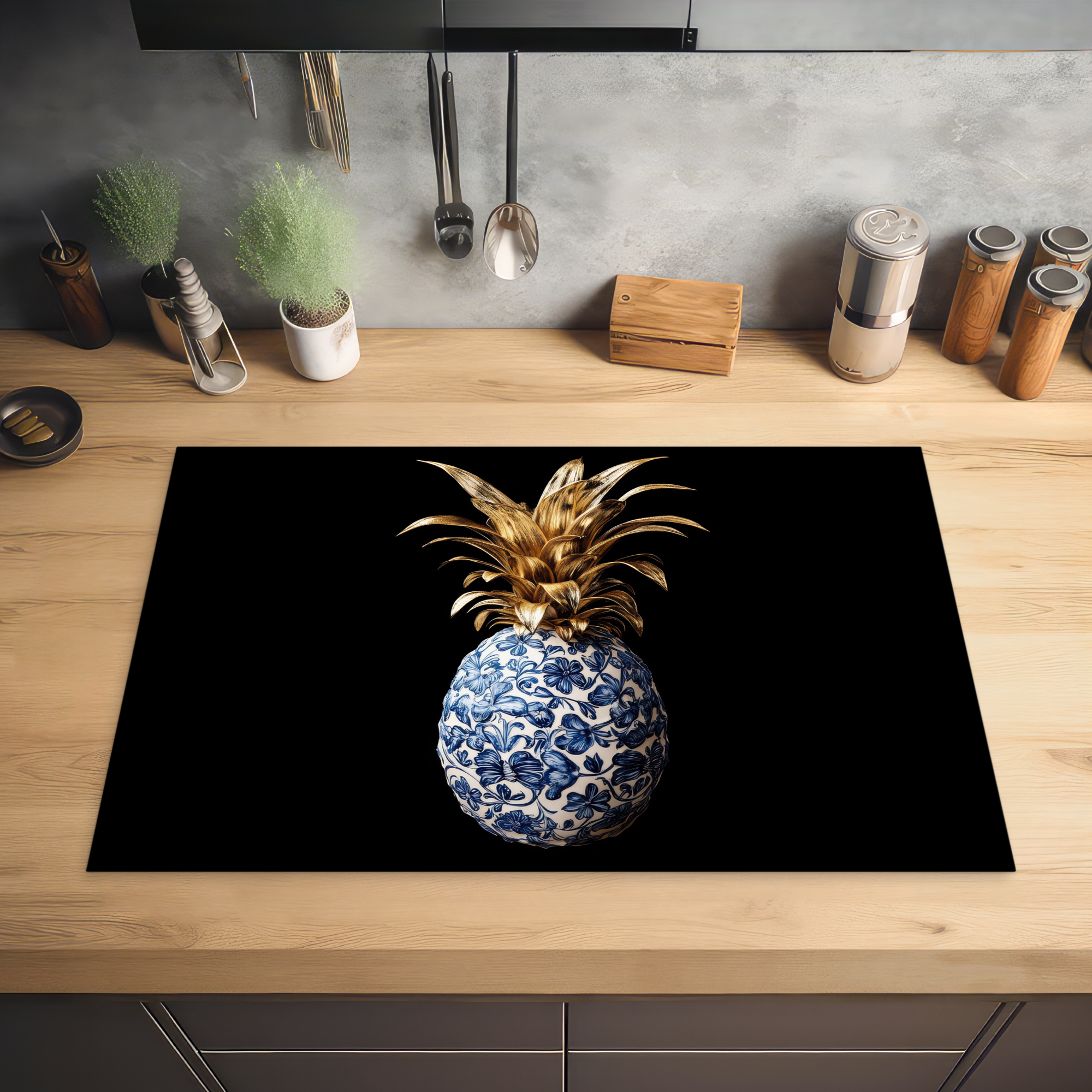 Inductiebeschermer - Ananas - Bloemen patroon - Goud - Delftsblauw-2
