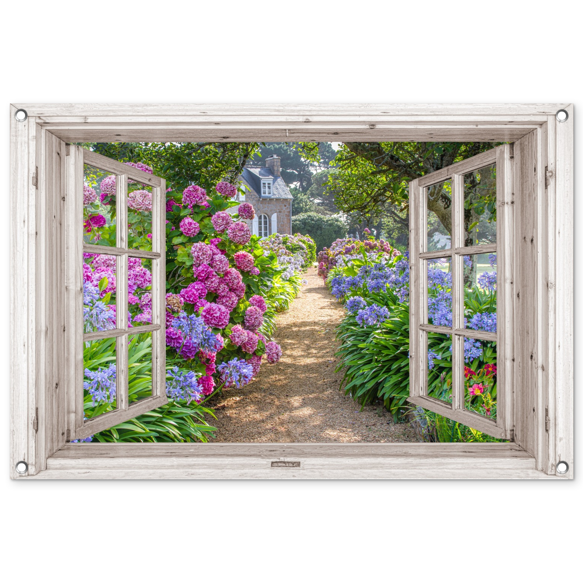 Tuinposter - Hortensia - Doorkijk - Bloemen - Zomer - Paars - Pad - Liggend