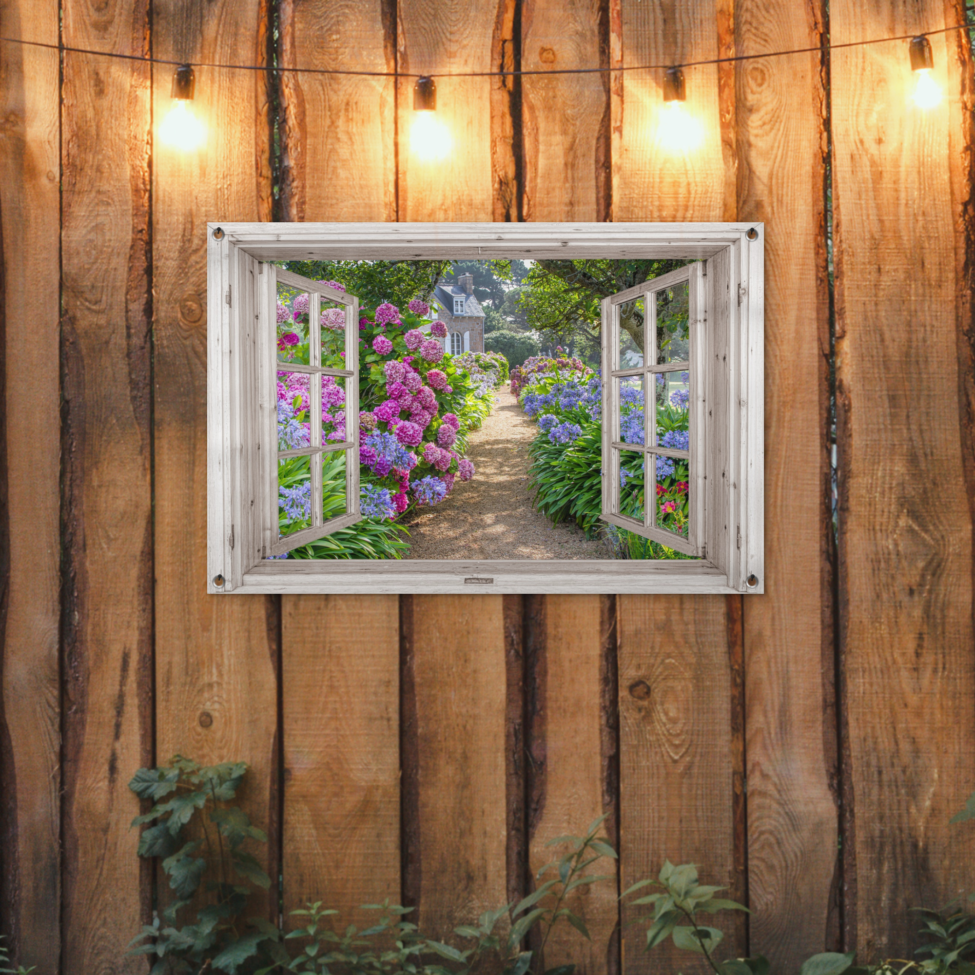Tuinposter - Hortensia - Doorkijk - Bloemen - Zomer - Paars - Pad - Liggend-2