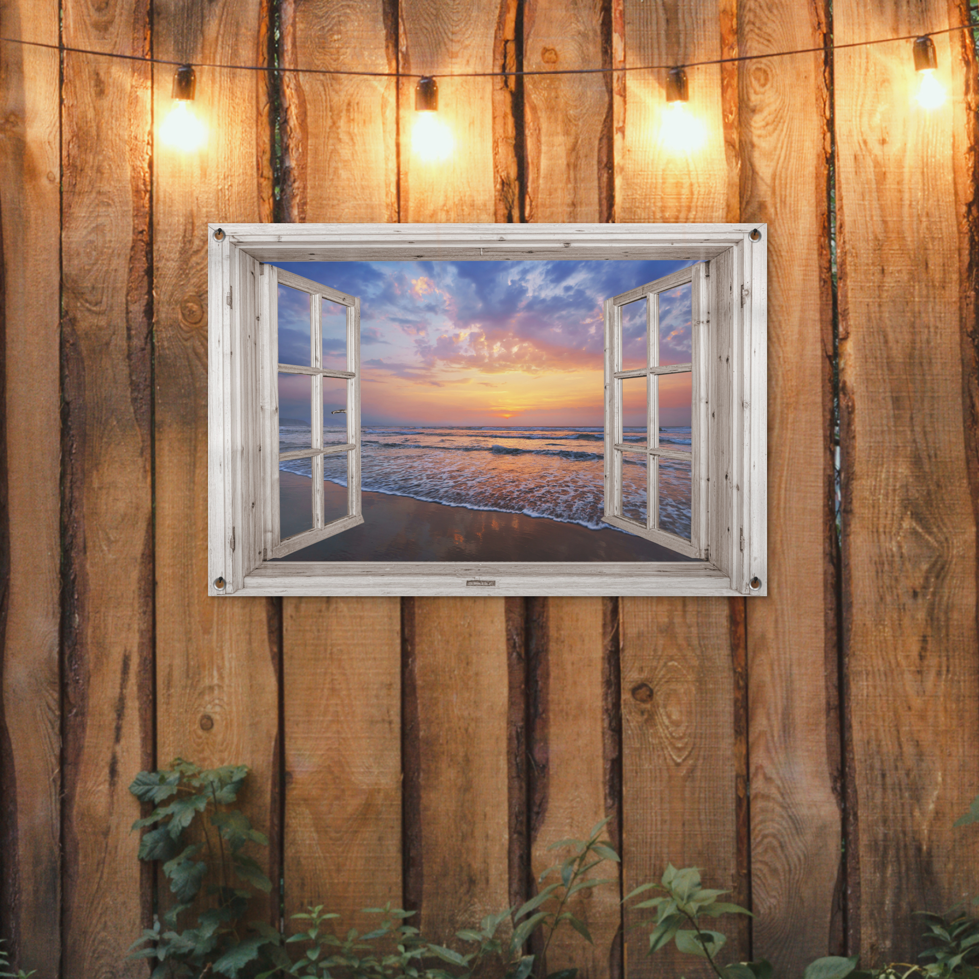 Tuinposter - Doorkijk - Zee - Strand - Zonsondergang - Blauw - Liggend-2