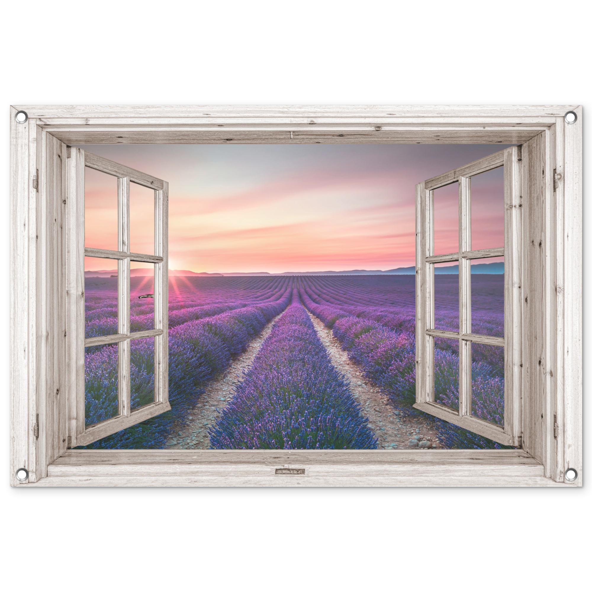 Tuinposter - Doorkijk - Lavendel - Bloemen - Hout - Zonsondergang - Paars - Liggend
