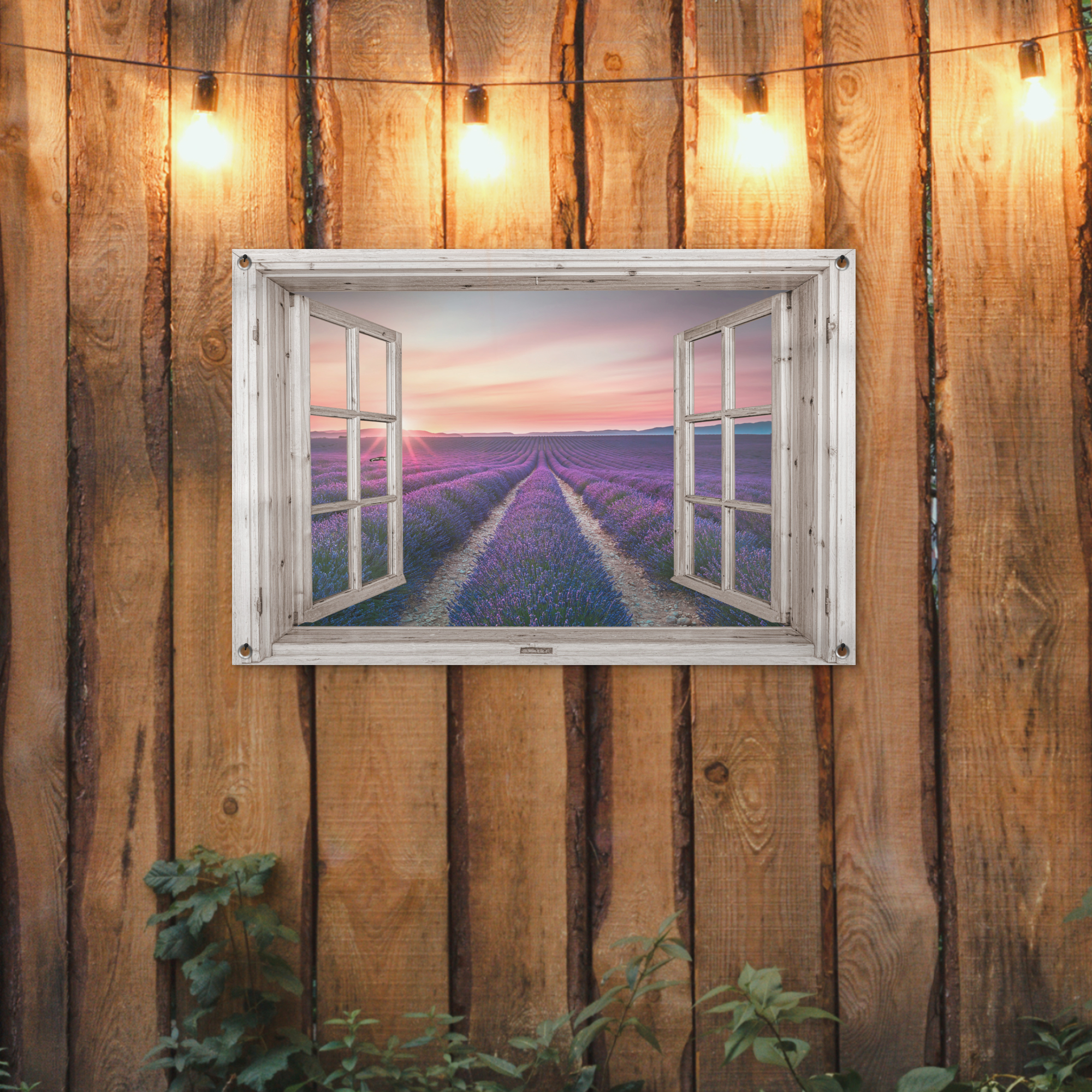 Tuinposter - Doorkijk - Lavendel - Bloemen - Hout - Zonsondergang - Paars - Liggend-2
