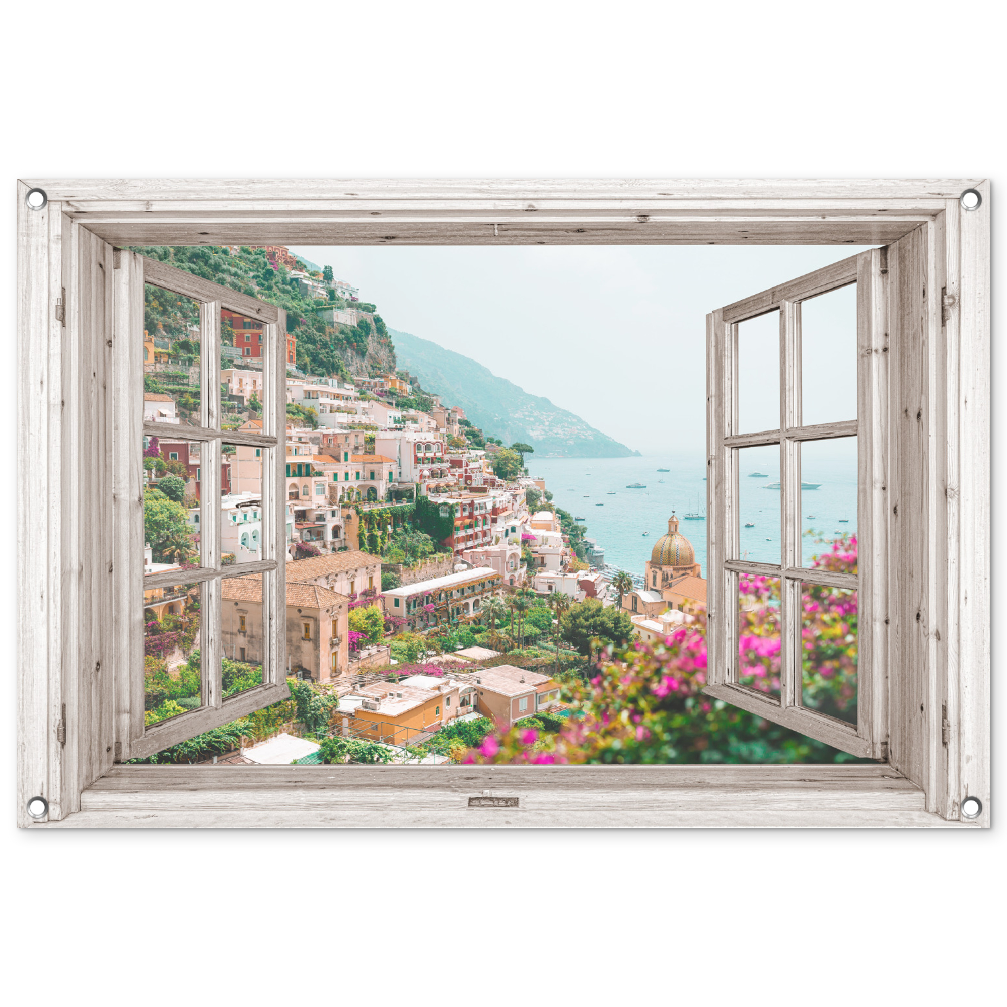 Tuinposter - Doorkijk - Italië - Bloemen - Zee - Kust - Stad - Bergen - Liggend