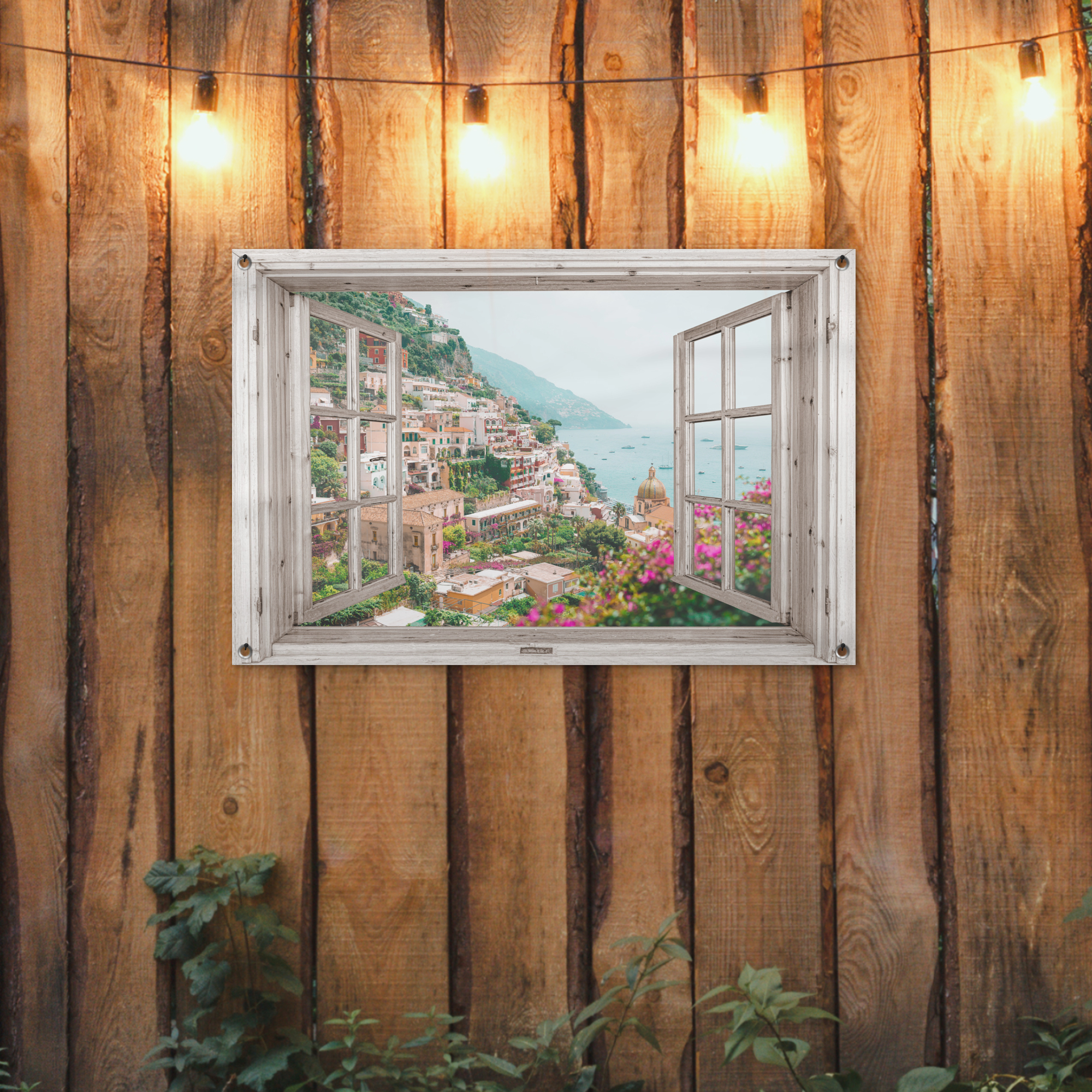 Tuinposter - Doorkijk - Italië - Bloemen - Zee - Kust - Stad - Bergen - Liggend-2