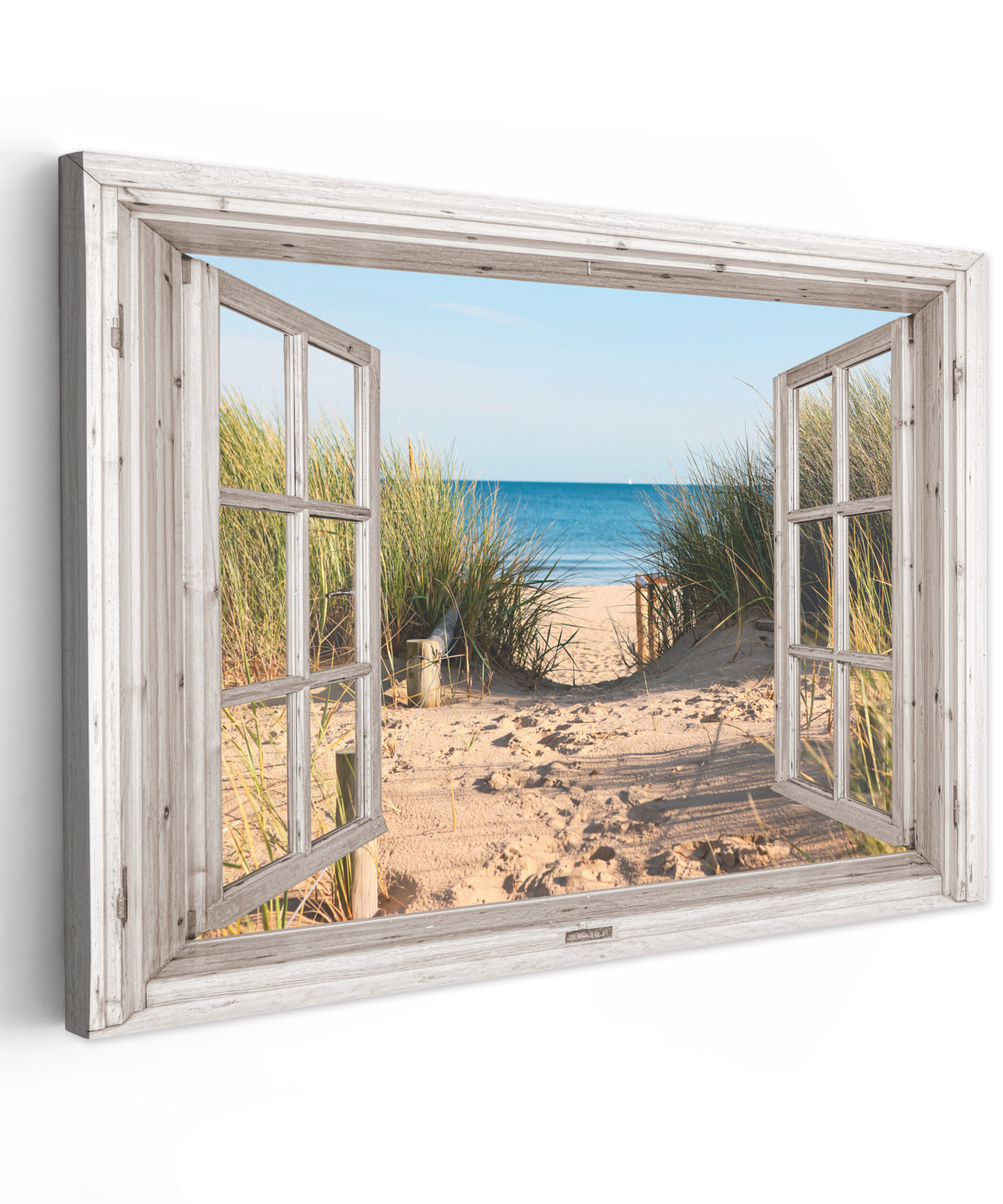 Canvas schilderij Doorkijk Strand Zee Duinen Helmgras Zand Blauw