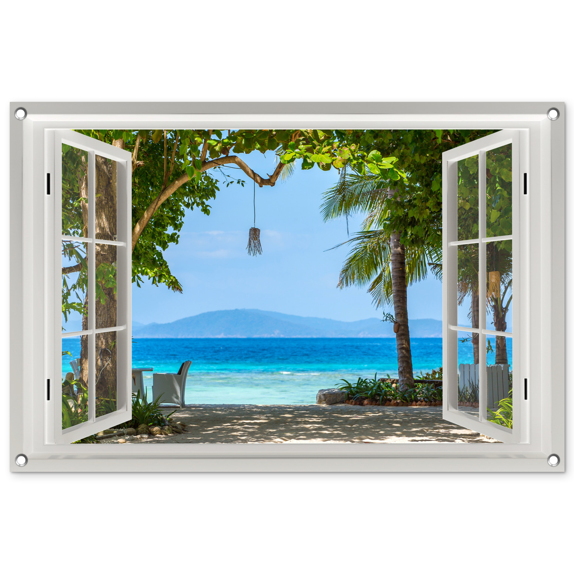 Tuinposter - Doorkijk - Boom - Zee - Palmboom - Heuvels - Strand - Blauw - Liggend