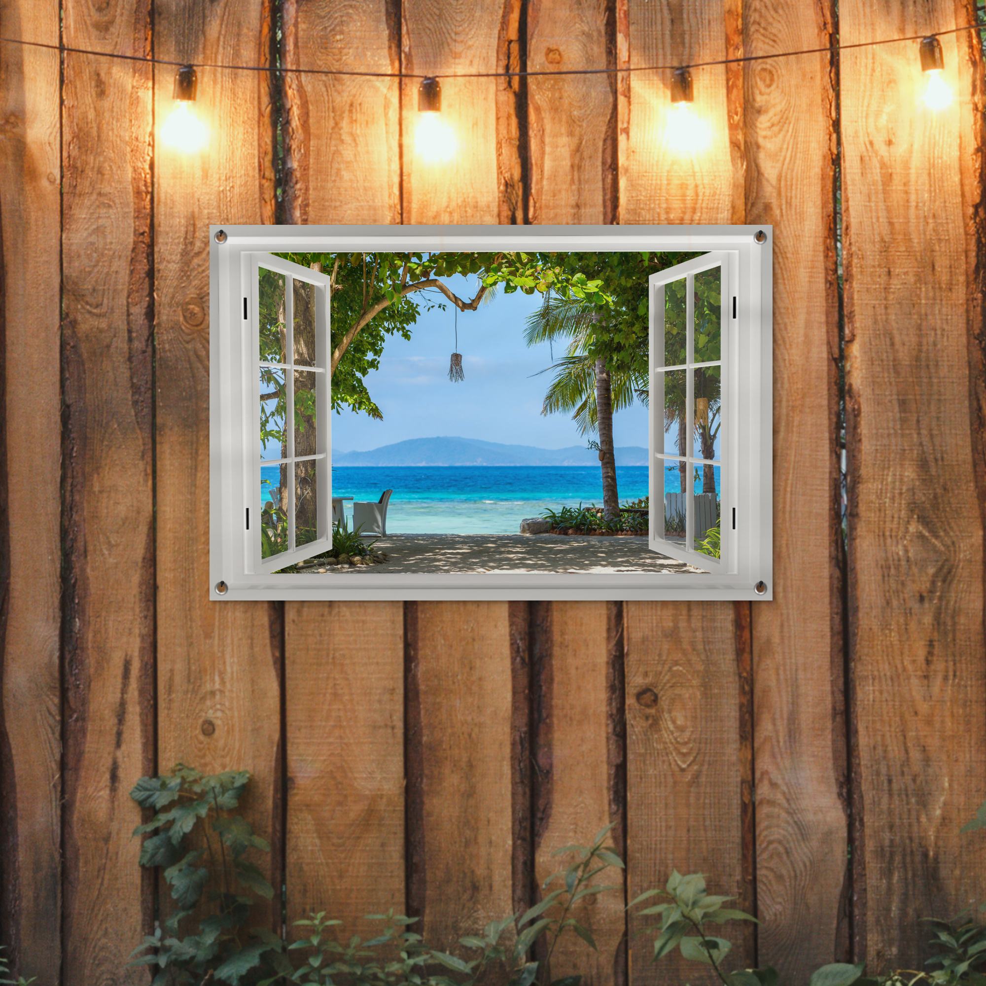 Tuinposter - Doorkijk - Boom - Zee - Palmboom - Heuvels - Strand - Blauw - Liggend-2